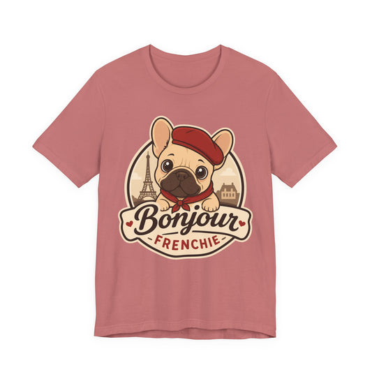 French Bulldog Shirt (Fawn), Pup in a Paris Beret, Mom Dad Gift, Bonjour Frenchie
