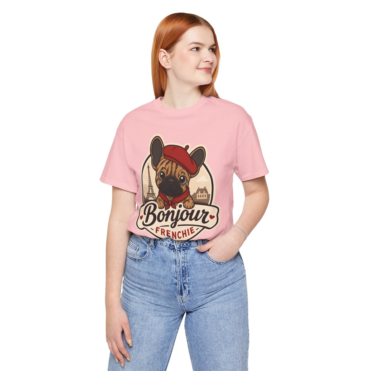 French Bulldog Shirt (Brindle), Pup in a Paris Beret, Mom Dad Gift, Bonjour Frenchie