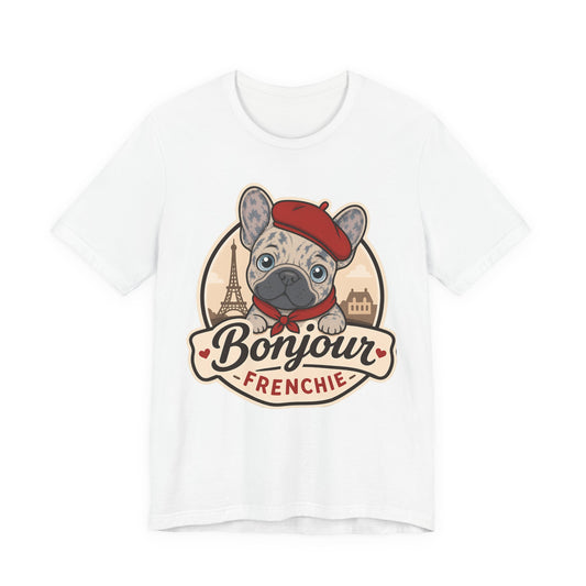 French Bulldog Shirt (Merle), Pup in a Paris Beret, Mom Dad Gift, Bonjour Frenchie