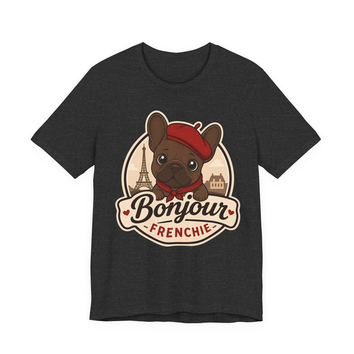 French Bulldog Shirt (Chocolate), Pup in a Paris Beret, Mom Dad Gift, Bonjour Frenchie