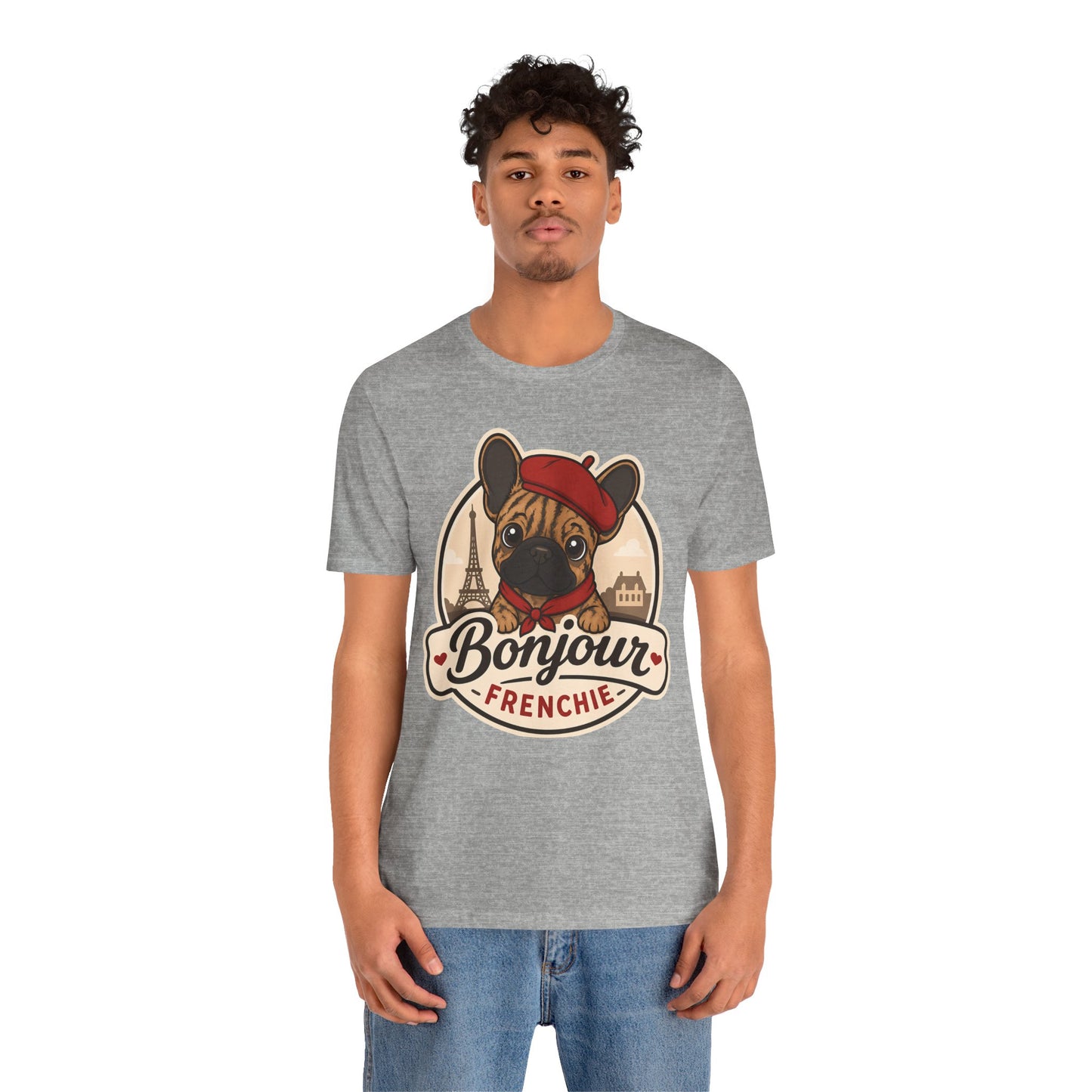 French Bulldog Shirt (Brindle), Pup in a Paris Beret, Mom Dad Gift, Bonjour Frenchie