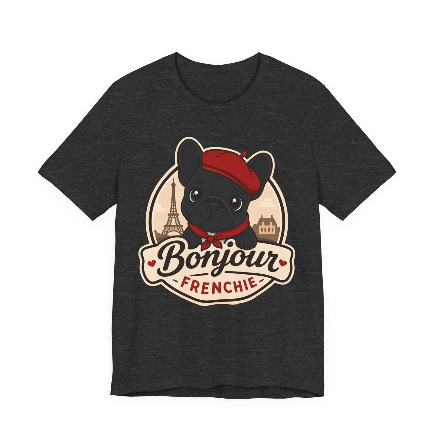 French Bulldog Shirt (Black), Pup in a Paris Beret, Mom Dad Gift, Bonjour Frenchie