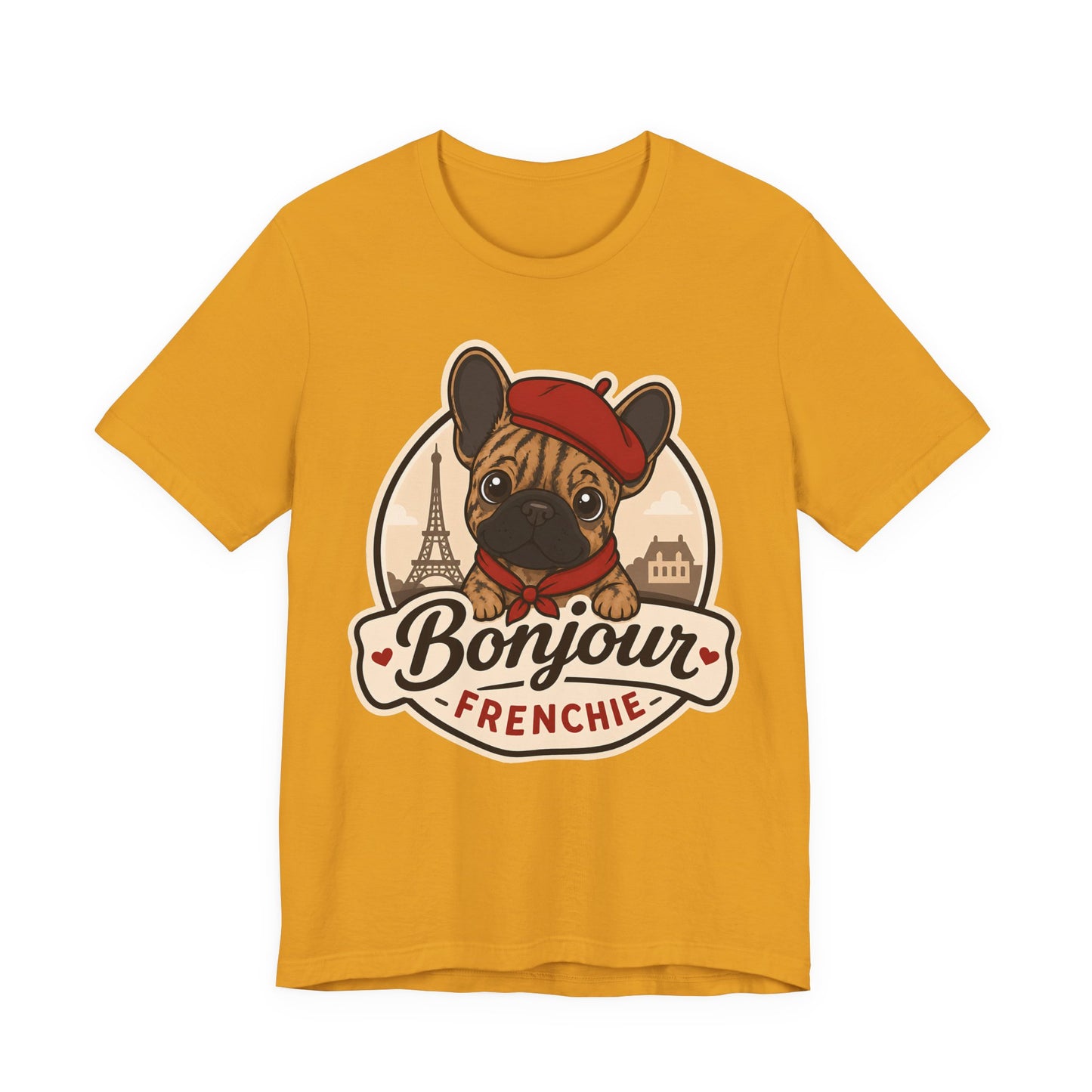 French Bulldog Shirt (Brindle), Pup in a Paris Beret, Mom Dad Gift, Bonjour Frenchie