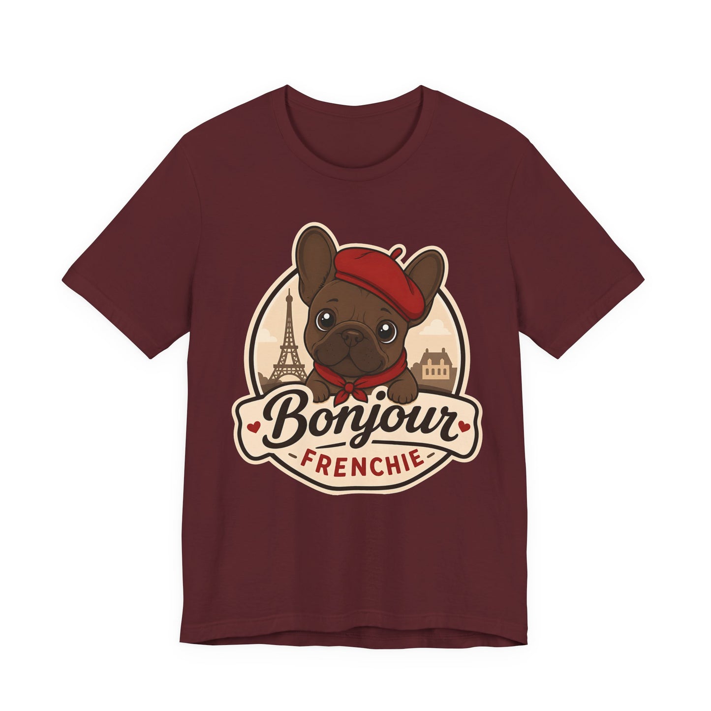 French Bulldog Shirt (Chocolate), Pup in a Paris Beret, Mom Dad Gift, Bonjour Frenchie