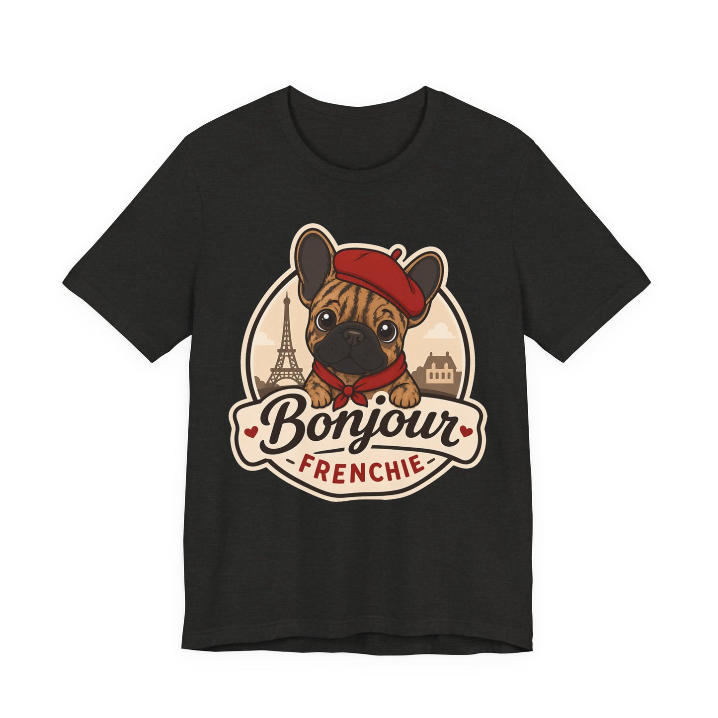 French Bulldog Shirt (Brindle), Pup in a Paris Beret, Mom Dad Gift, Bonjour Frenchie