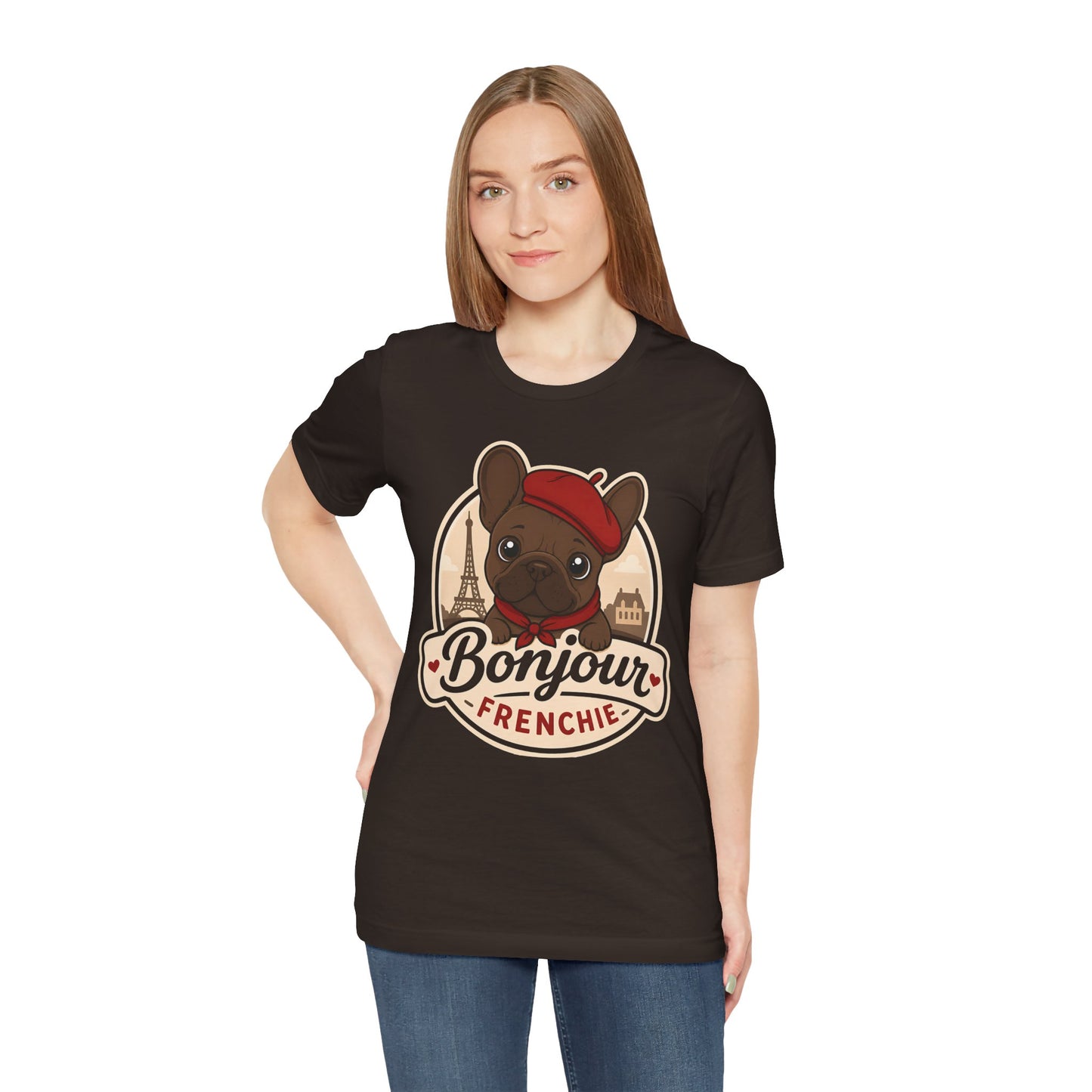 French Bulldog Shirt (Chocolate), Pup in a Paris Beret, Mom Dad Gift, Bonjour Frenchie