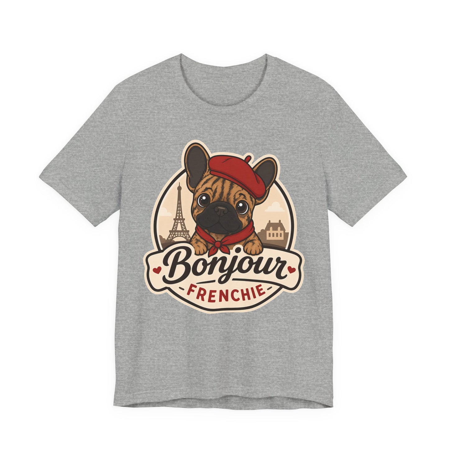 French Bulldog Shirt (Brindle), Pup in a Paris Beret, Mom Dad Gift, Bonjour Frenchie