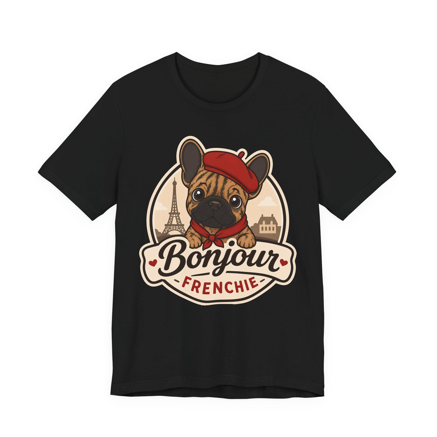 French Bulldog Shirt (Brindle), Pup in a Paris Beret, Mom Dad Gift, Bonjour Frenchie