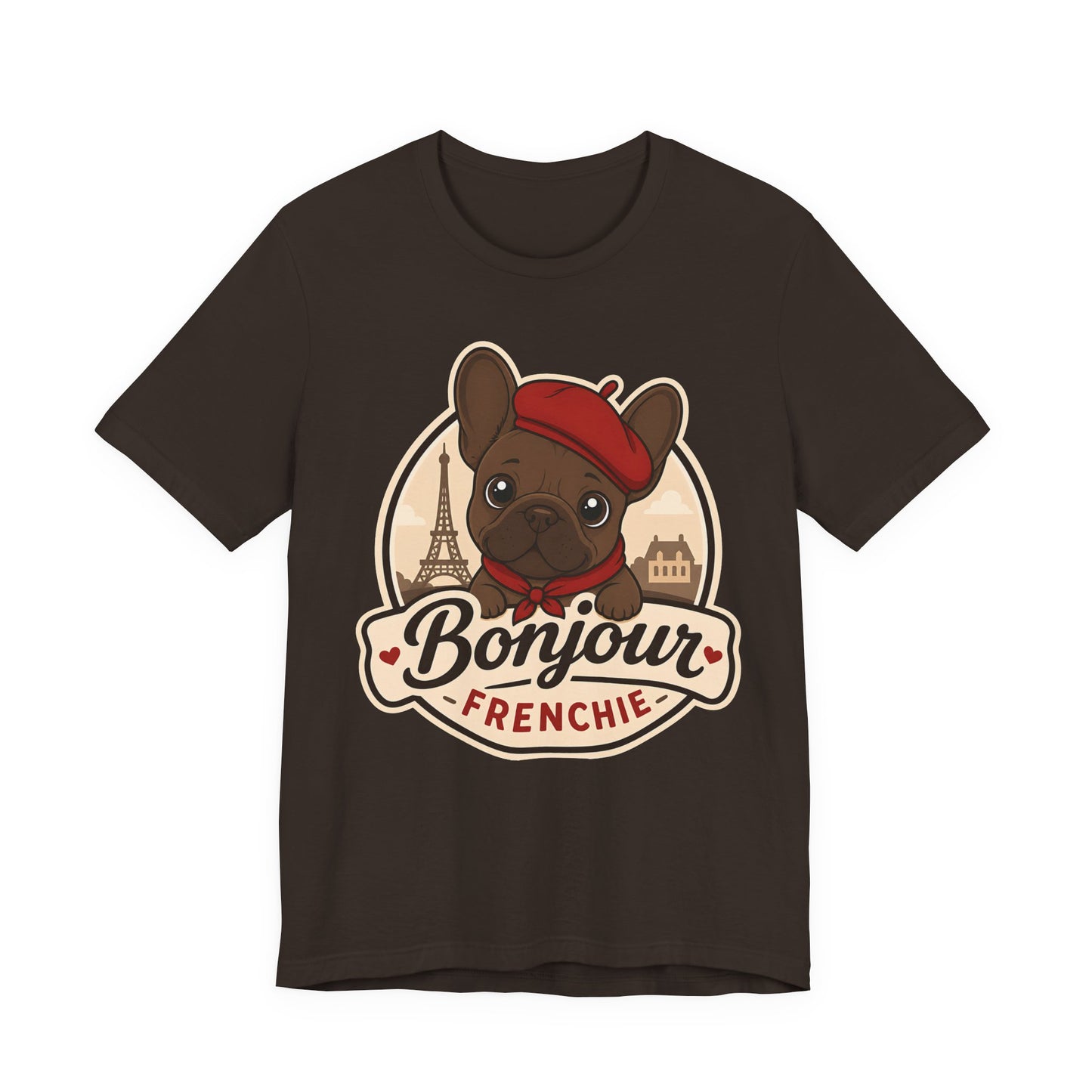 French Bulldog Shirt (Chocolate), Pup in a Paris Beret, Mom Dad Gift, Bonjour Frenchie