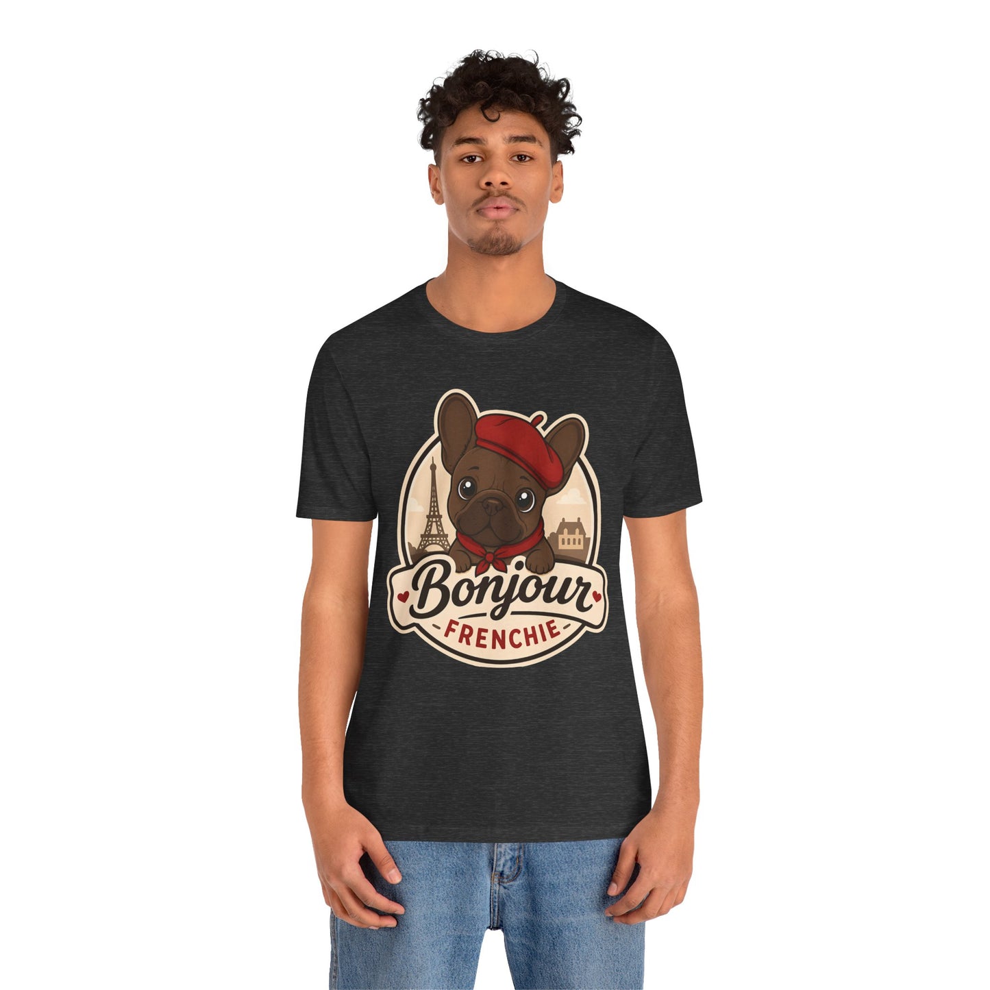 French Bulldog Shirt (Chocolate), Pup in a Paris Beret, Mom Dad Gift, Bonjour Frenchie