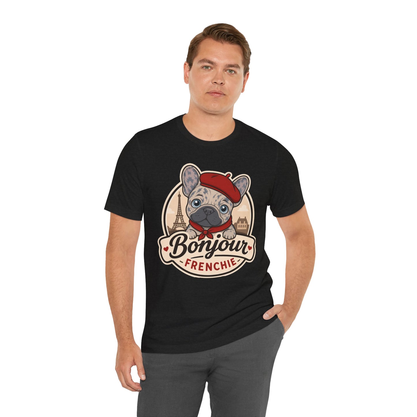 French Bulldog Shirt (Merle), Pup in a Paris Beret, Mom Dad Gift, Bonjour Frenchie