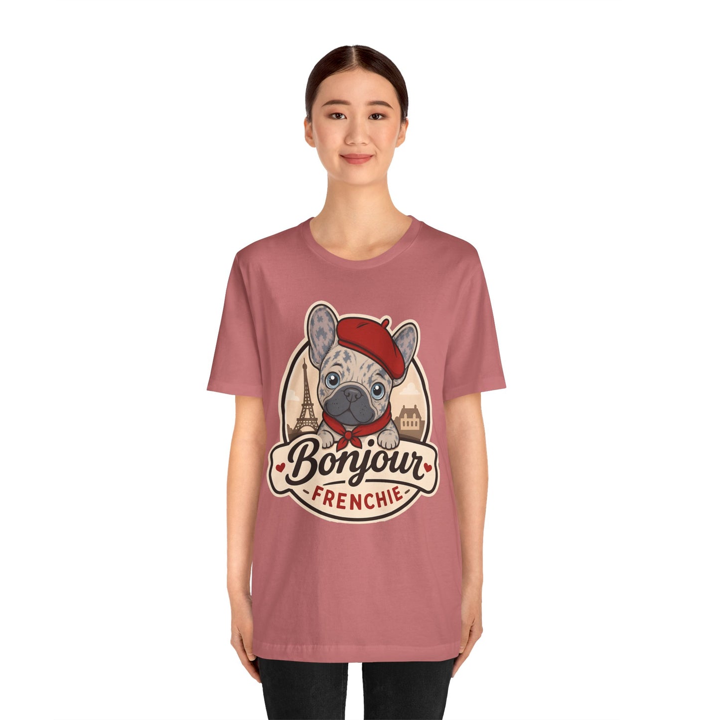 French Bulldog Shirt (Merle), Pup in a Paris Beret, Mom Dad Gift, Bonjour Frenchie