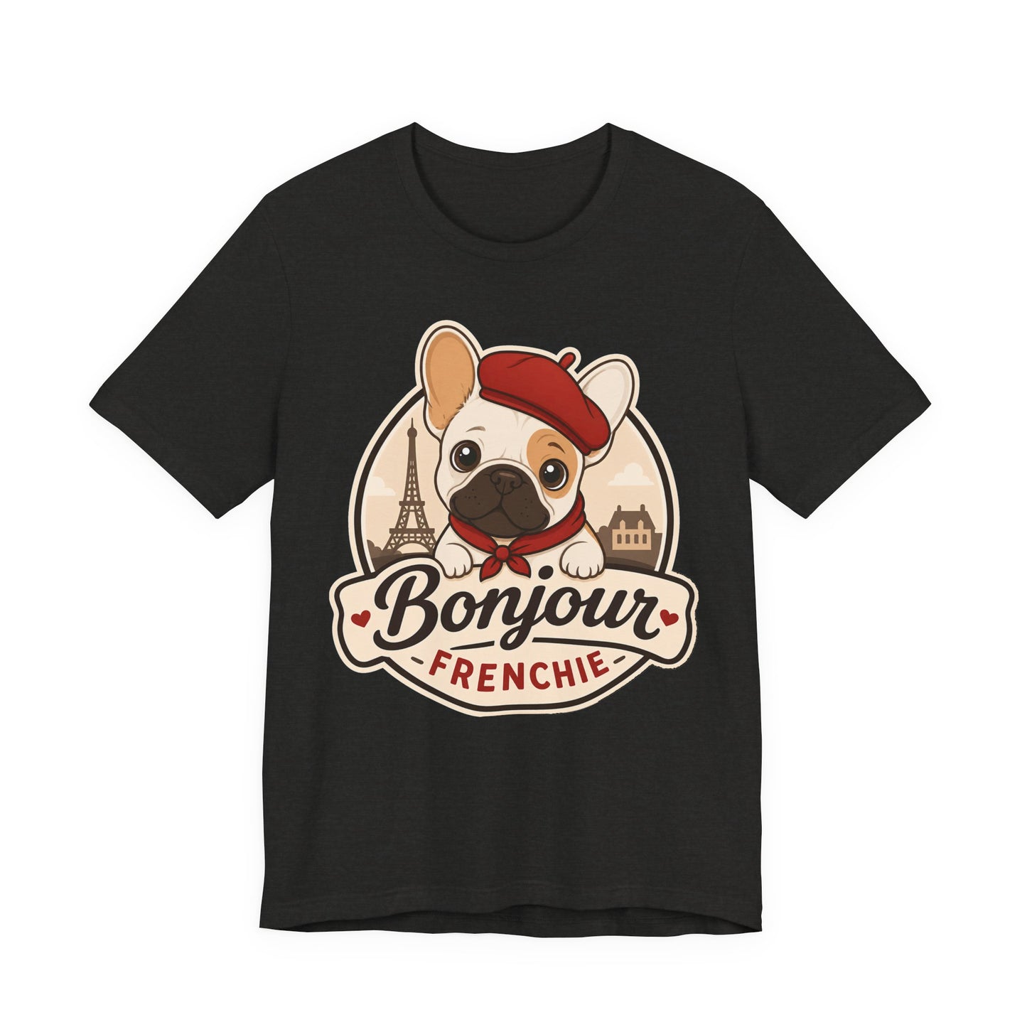 French Bulldog Shirt (Pied), Pup in a Paris Beret, Mom Dad Gift, Bonjour Frenchie