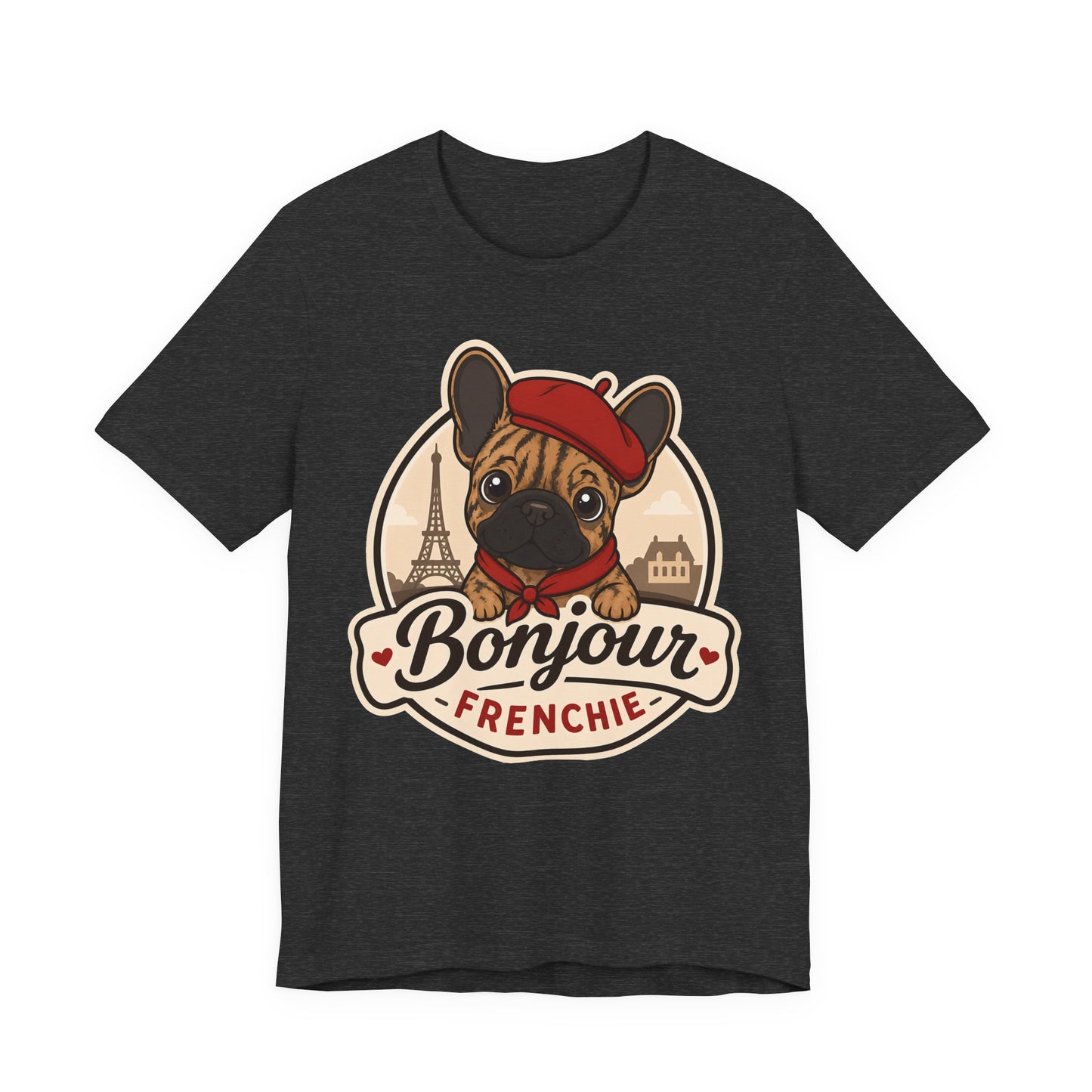 French Bulldog Shirt (Brindle), Pup in a Paris Beret, Mom Dad Gift, Bonjour Frenchie