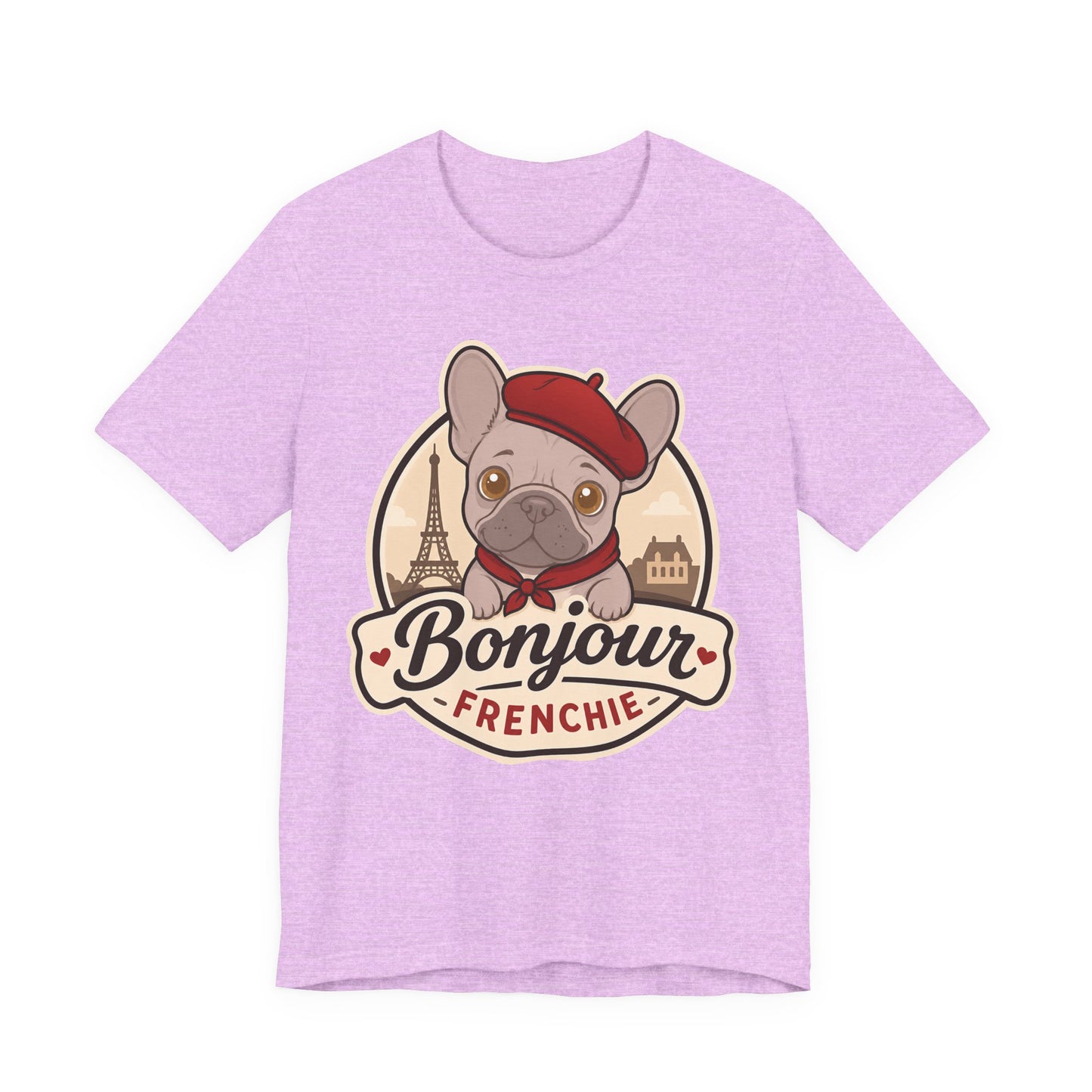 French Bulldog Shirt (Lilac), Pup in a Paris Beret, Mom Dad Gift, Bonjour Frenchie