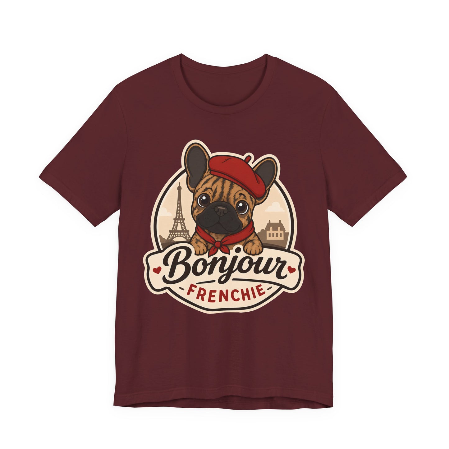 French Bulldog Shirt (Brindle), Pup in a Paris Beret, Mom Dad Gift, Bonjour Frenchie