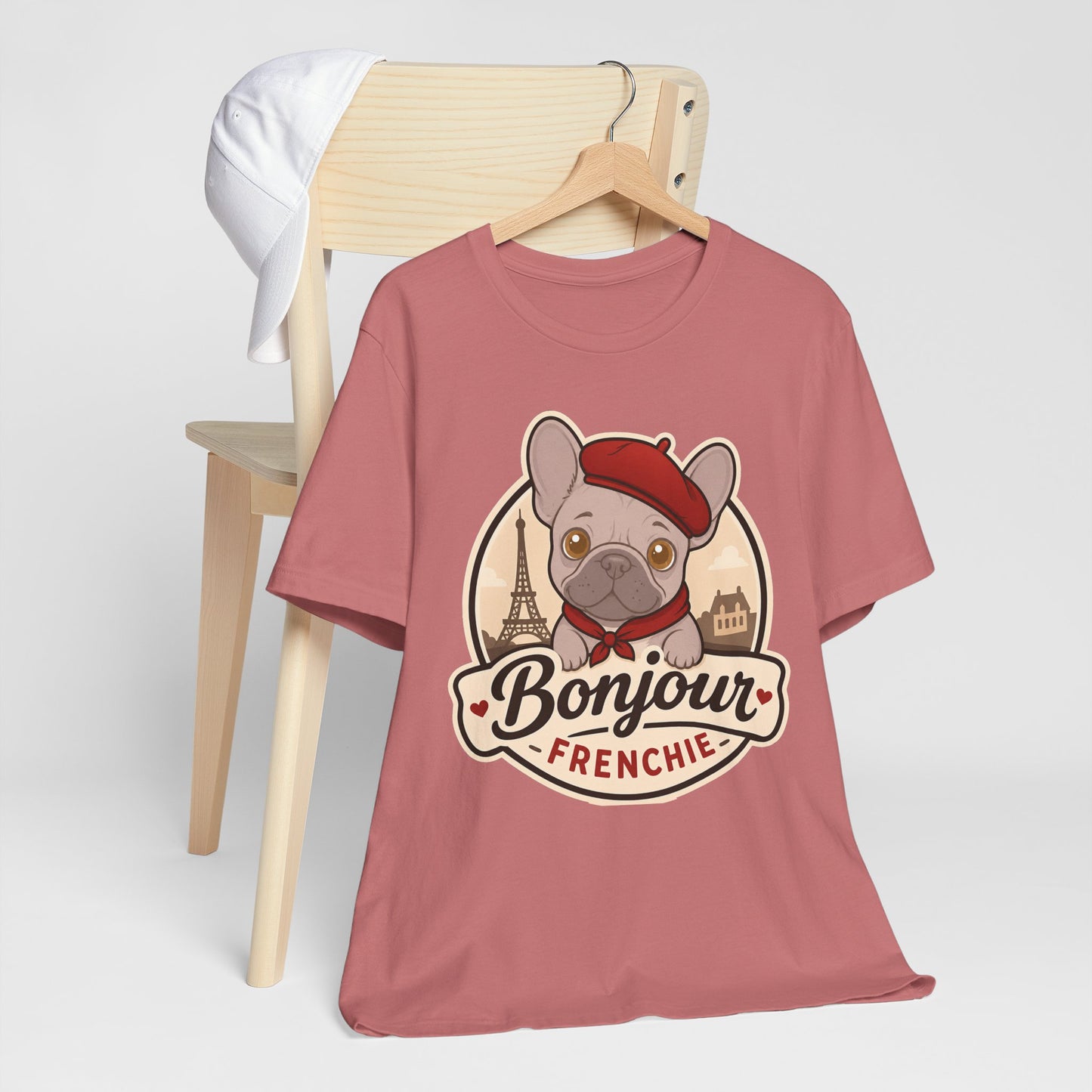 French Bulldog Shirt (Lilac), Pup in a Paris Beret, Mom Dad Gift, Bonjour Frenchie