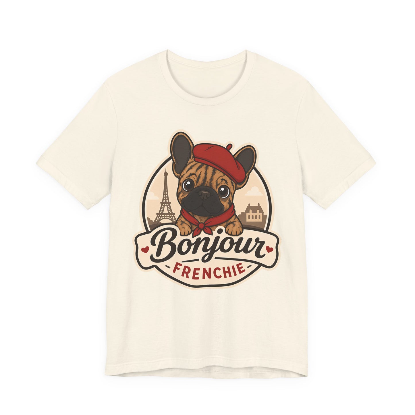 French Bulldog Shirt (Brindle), Pup in a Paris Beret, Mom Dad Gift, Bonjour Frenchie