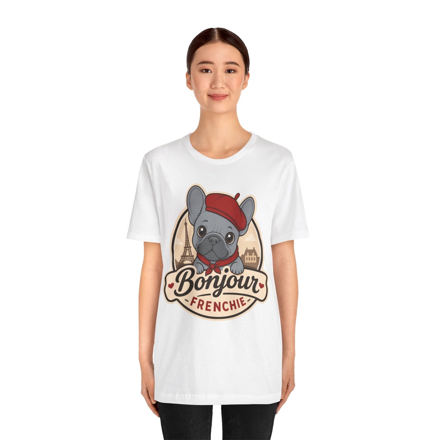 French Bulldog Shirt (Blue), Pup in a Paris Beret, Mom Dad Gift, Bonjour Frenchie