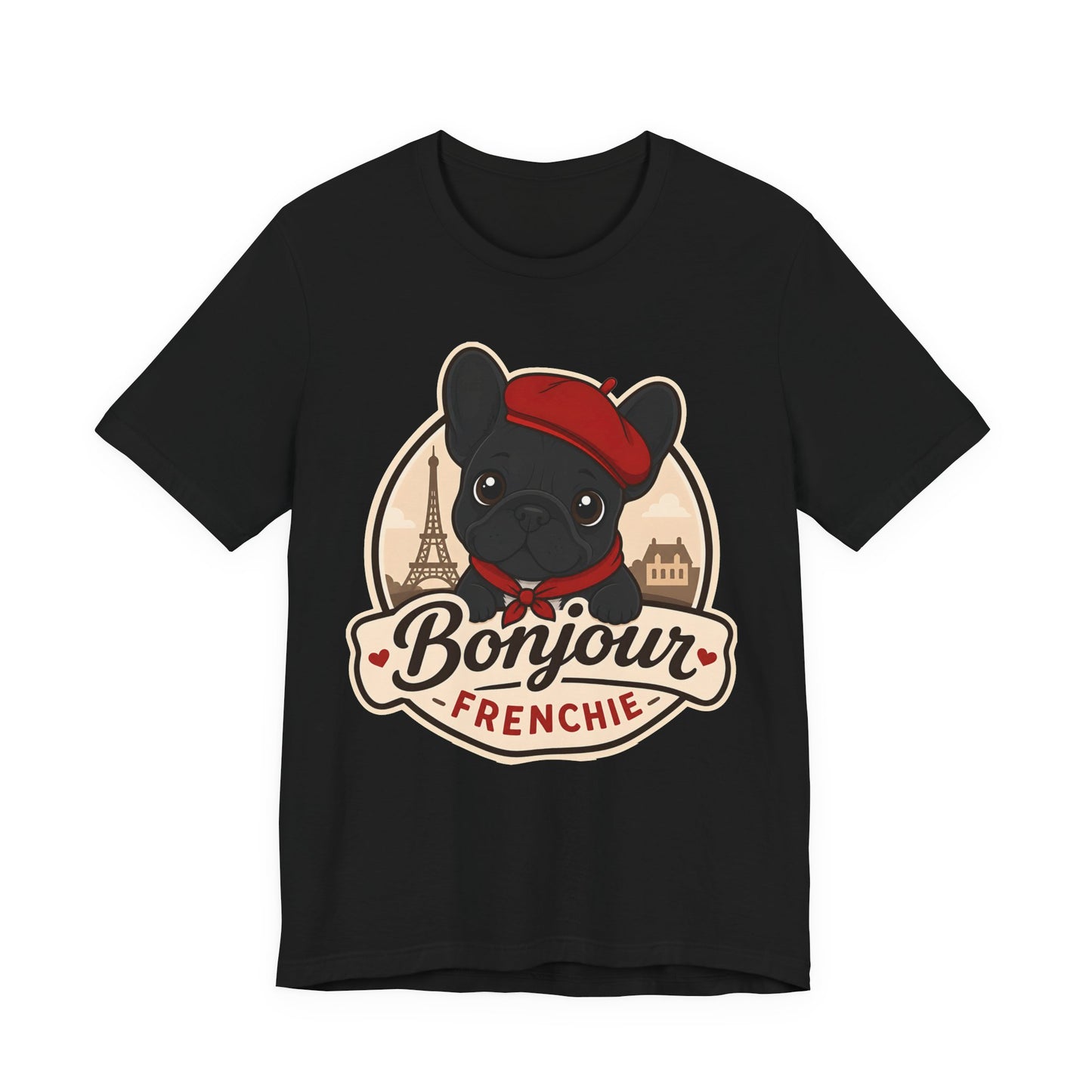 French Bulldog Shirt (Black), Pup in a Paris Beret, Mom Dad Gift, Bonjour Frenchie