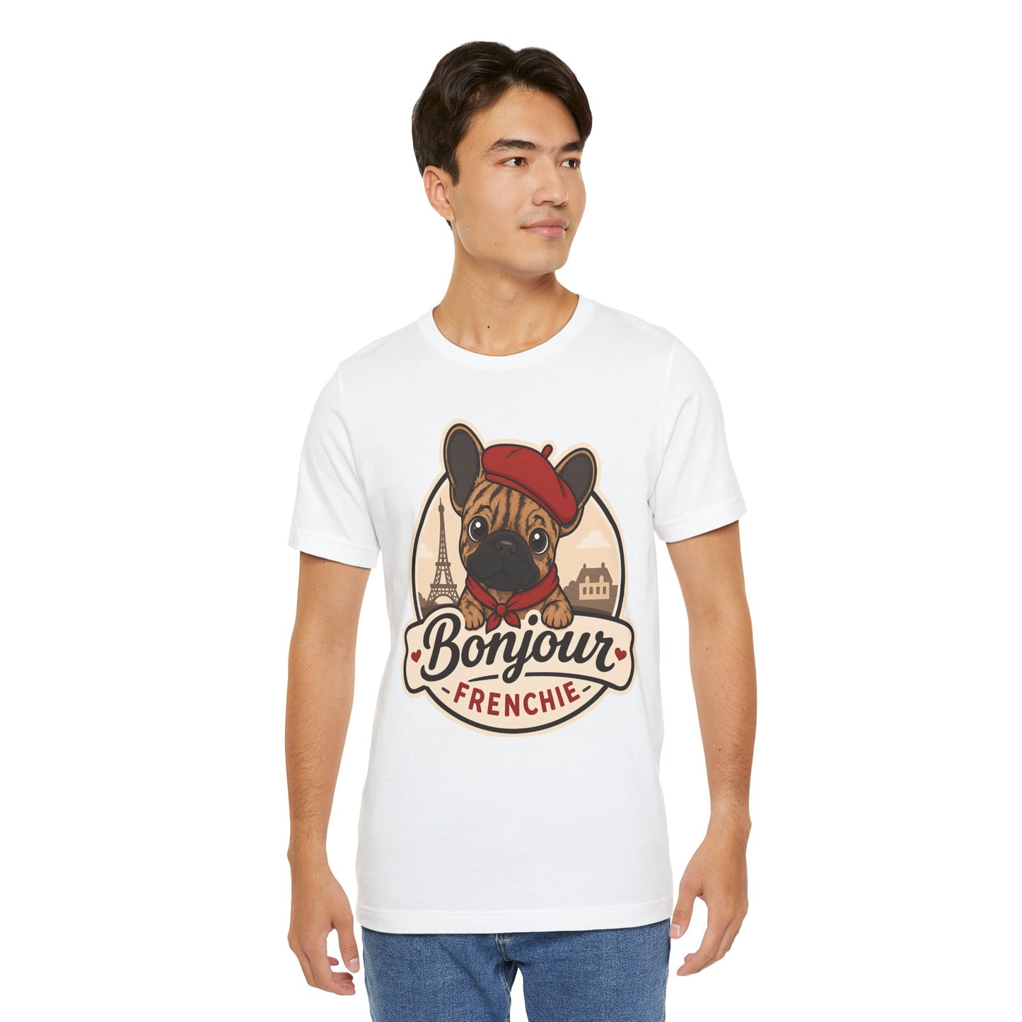 French Bulldog Shirt (Brindle), Pup in a Paris Beret, Mom Dad Gift, Bonjour Frenchie