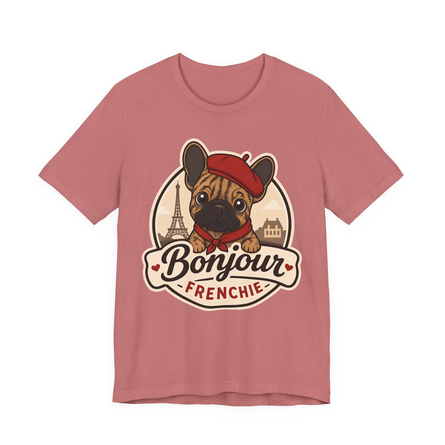 French Bulldog Shirt (Brindle), Pup in a Paris Beret, Mom Dad Gift, Bonjour Frenchie