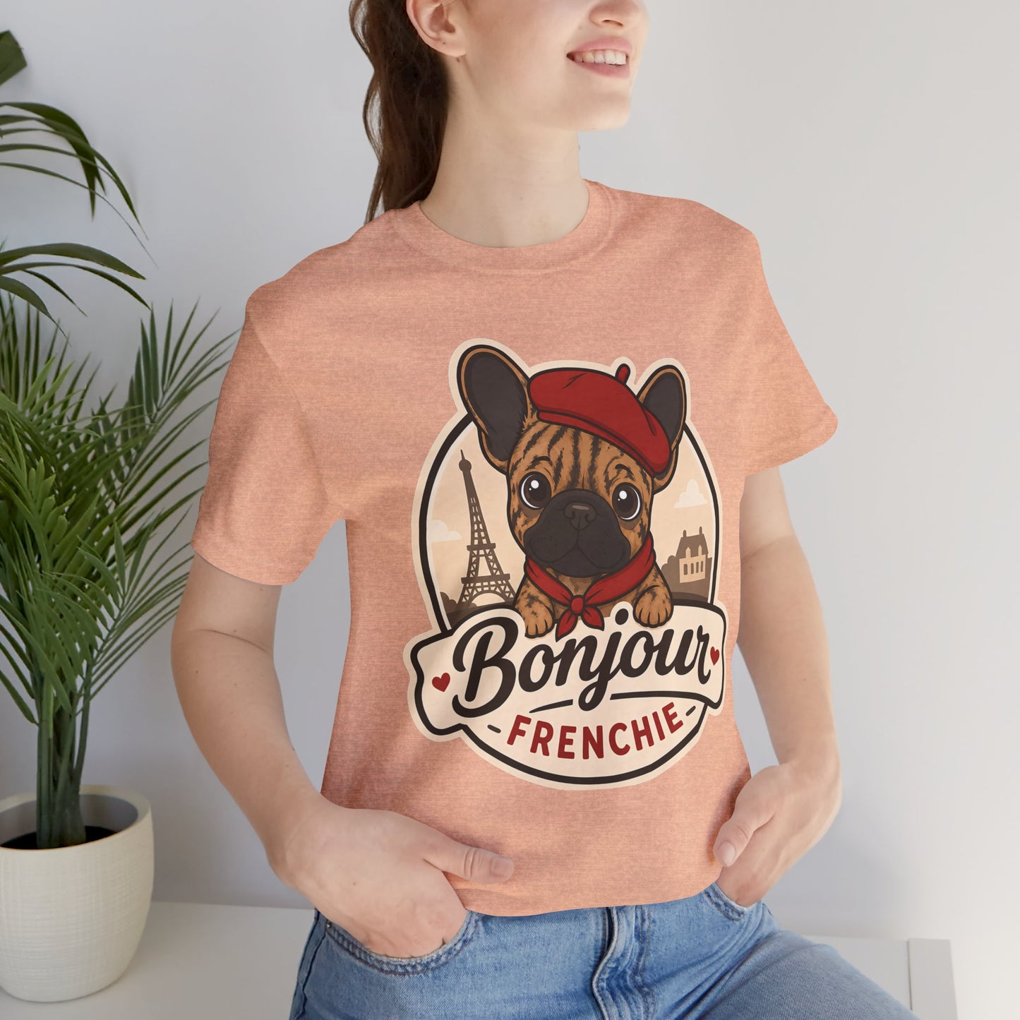 French Bulldog Shirt (Brindle), Pup in a Paris Beret, Mom Dad Gift, Bonjour Frenchie