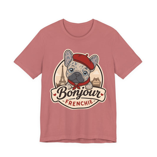 French Bulldog Shirt (Merle), Pup in a Paris Beret, Mom Dad Gift, Bonjour Frenchie