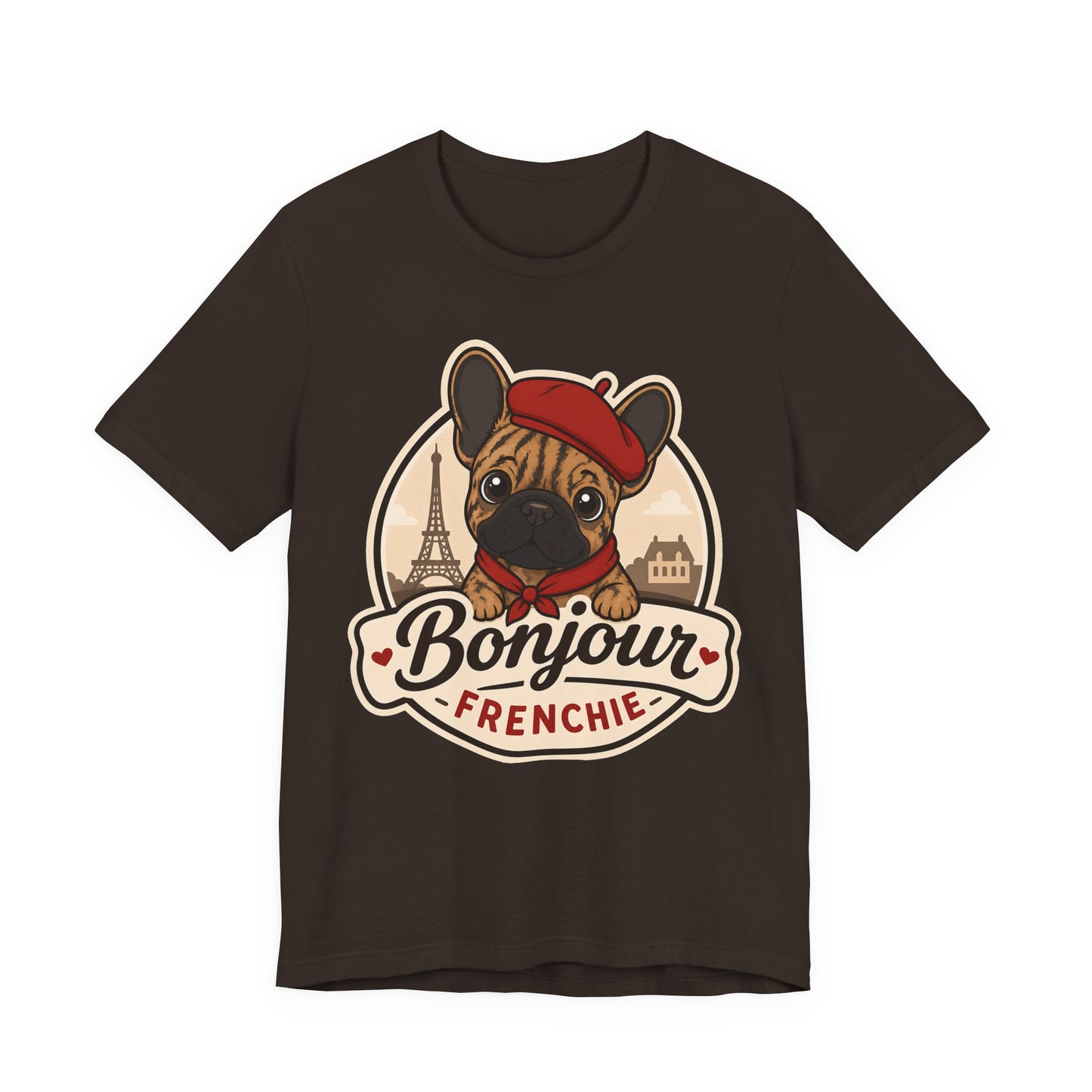 French Bulldog Shirt (Brindle), Pup in a Paris Beret, Mom Dad Gift, Bonjour Frenchie