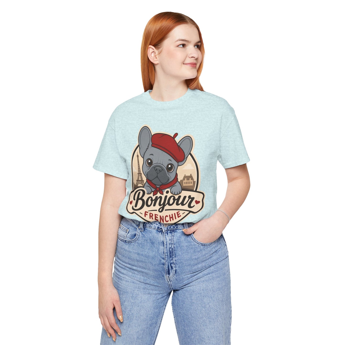 French Bulldog Shirt (Blue), Pup in a Paris Beret, Mom Dad Gift, Bonjour Frenchie