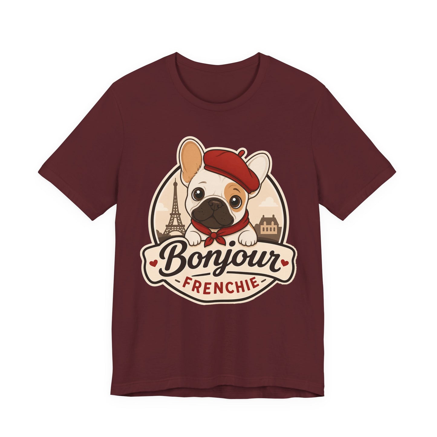French Bulldog Shirt (Pied), Pup in a Paris Beret, Mom Dad Gift, Bonjour Frenchie