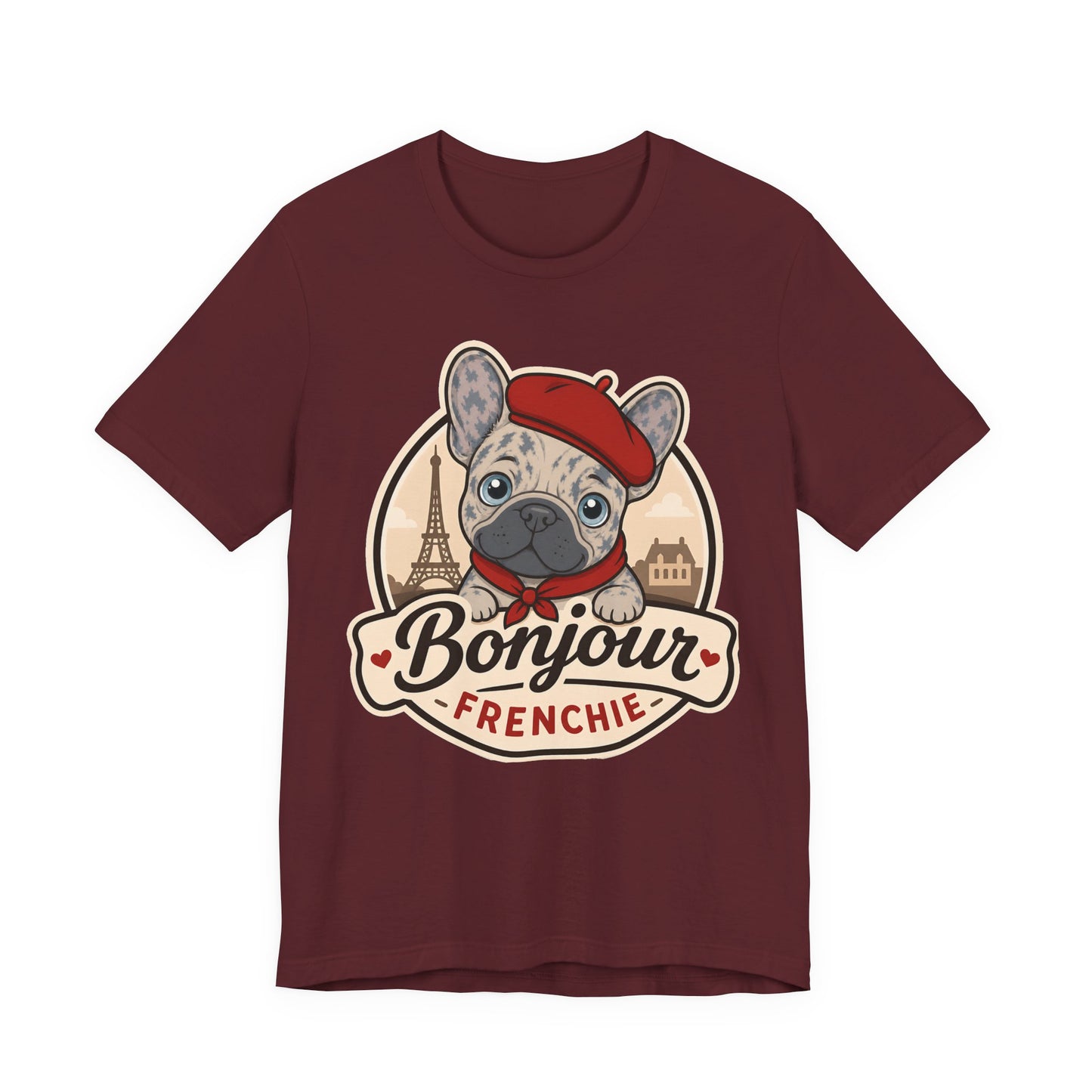 French Bulldog Shirt (Merle), Pup in a Paris Beret, Mom Dad Gift, Bonjour Frenchie