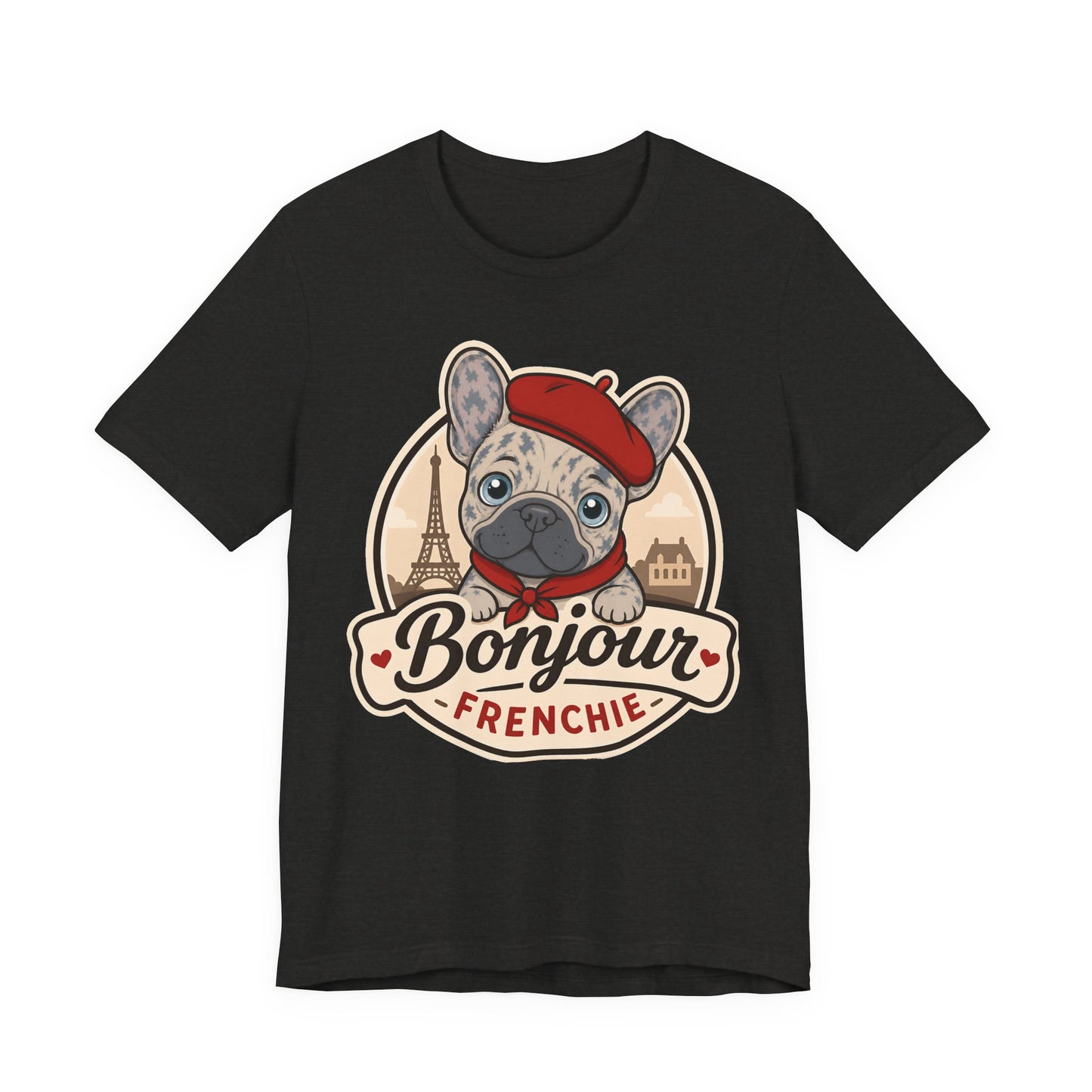 French Bulldog Shirt (Merle), Pup in a Paris Beret, Mom Dad Gift, Bonjour Frenchie