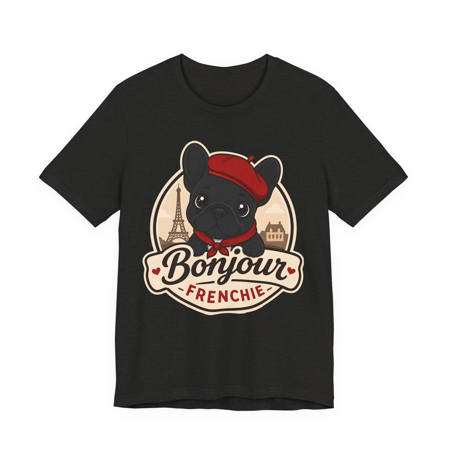 French Bulldog Shirt (Black), Pup in a Paris Beret, Mom Dad Gift, Bonjour Frenchie