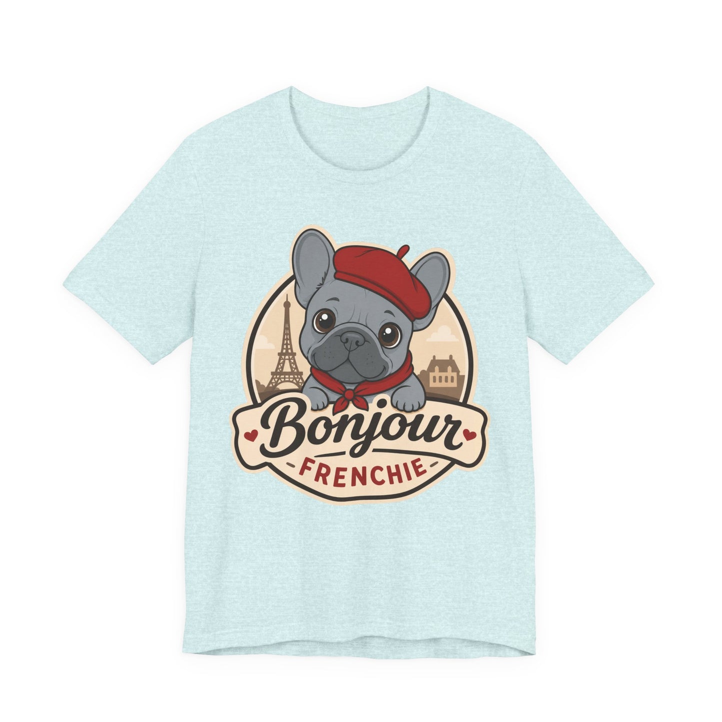 French Bulldog Shirt (Blue), Pup in a Paris Beret, Mom Dad Gift, Bonjour Frenchie