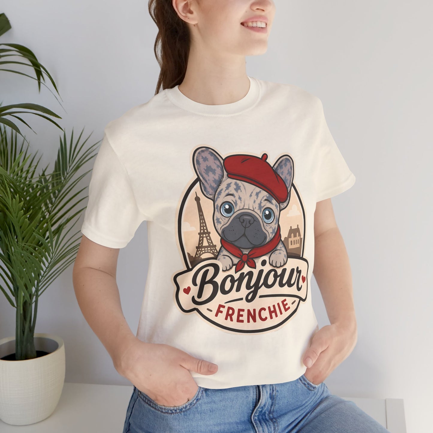 French Bulldog Shirt (Merle), Pup in a Paris Beret, Mom Dad Gift, Bonjour Frenchie
