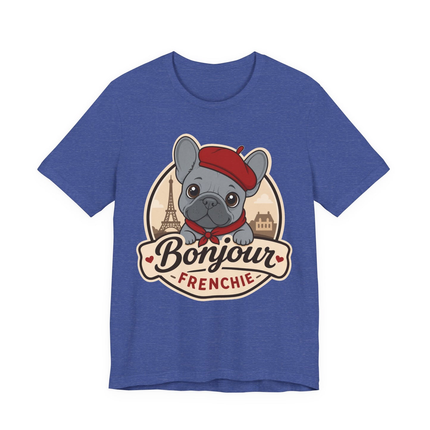 French Bulldog Shirt (Blue), Pup in a Paris Beret, Mom Dad Gift, Bonjour Frenchie