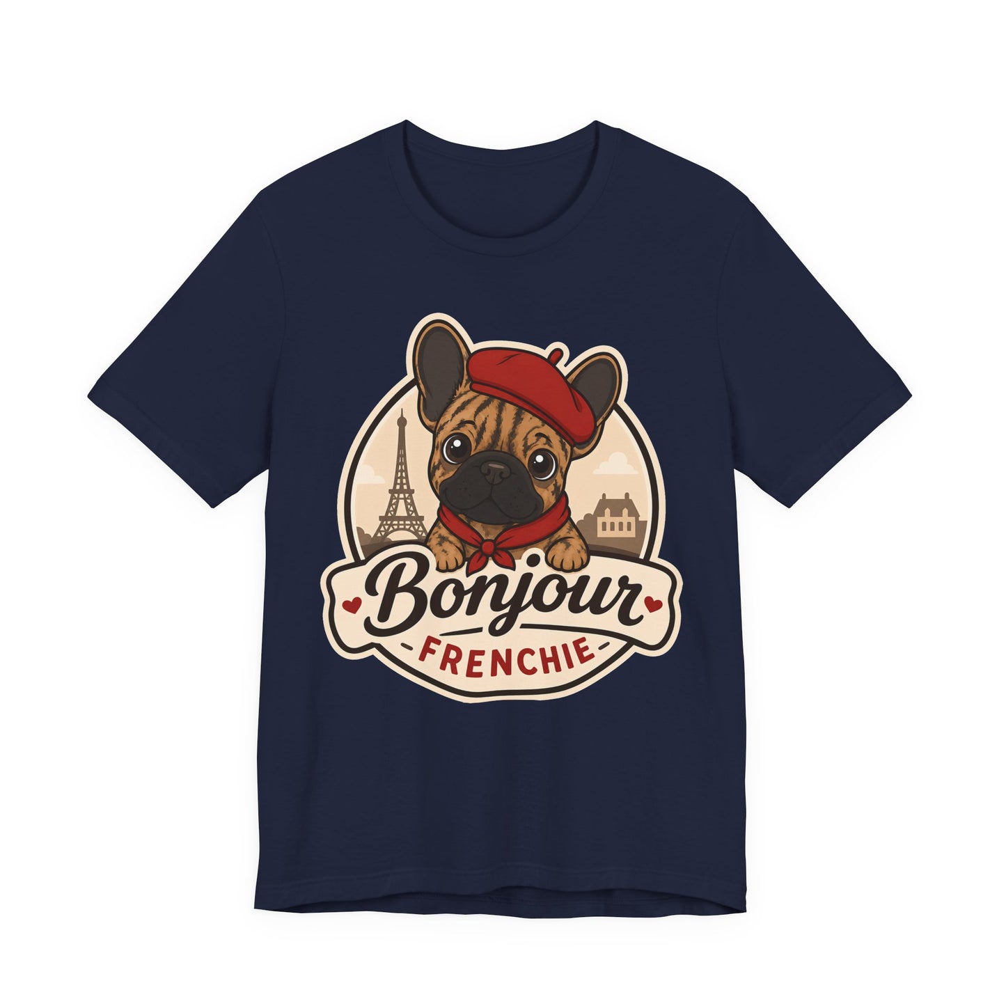French Bulldog Shirt (Brindle), Pup in a Paris Beret, Mom Dad Gift, Bonjour Frenchie