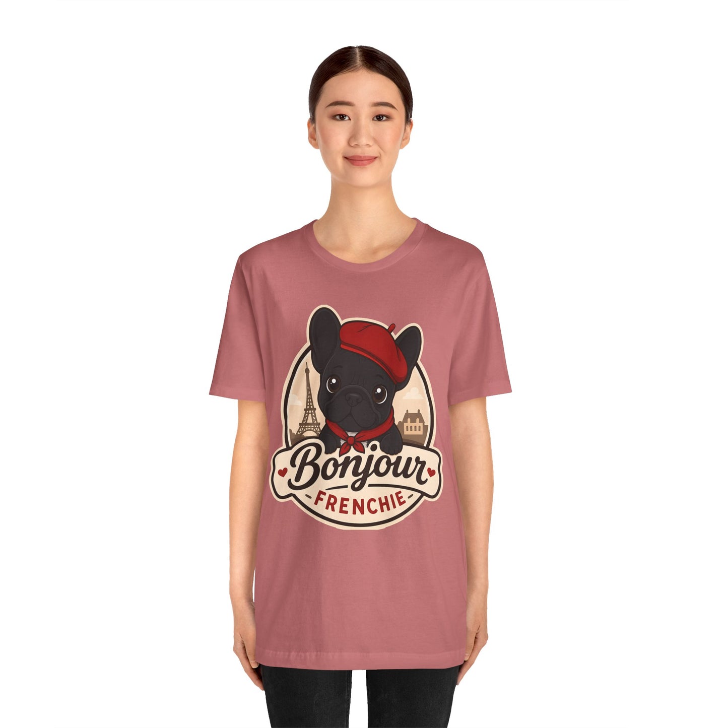 French Bulldog Shirt (Black), Pup in a Paris Beret, Mom Dad Gift, Bonjour Frenchie