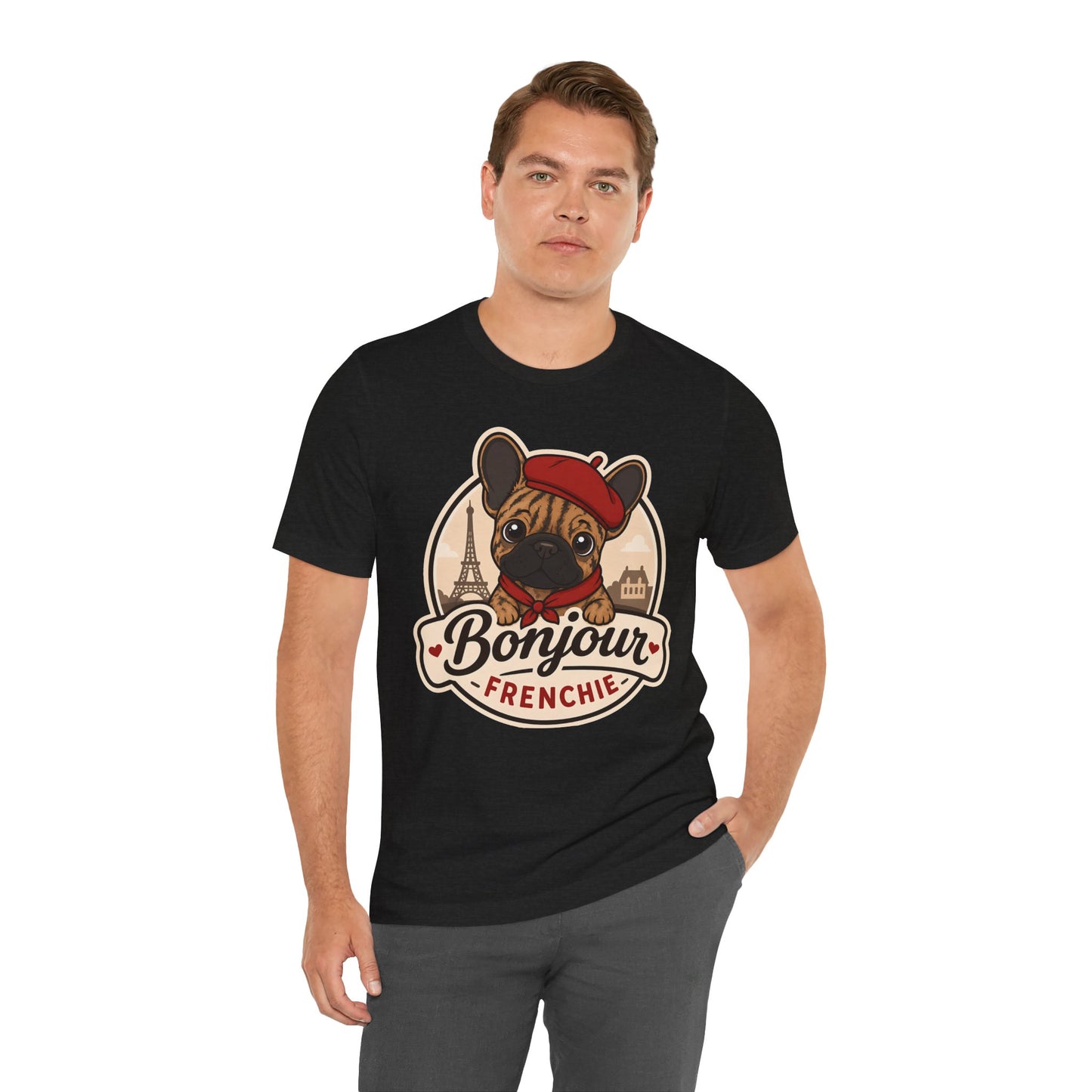 French Bulldog Shirt (Brindle), Pup in a Paris Beret, Mom Dad Gift, Bonjour Frenchie