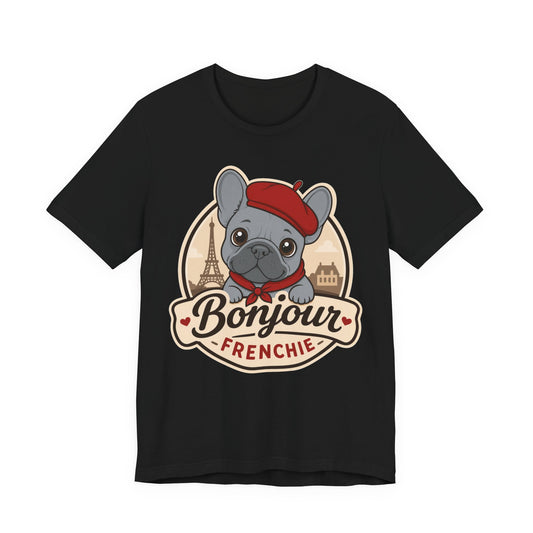 French Bulldog Shirt (Blue), Pup in a Paris Beret, Mom Dad Gift, Bonjour Frenchie