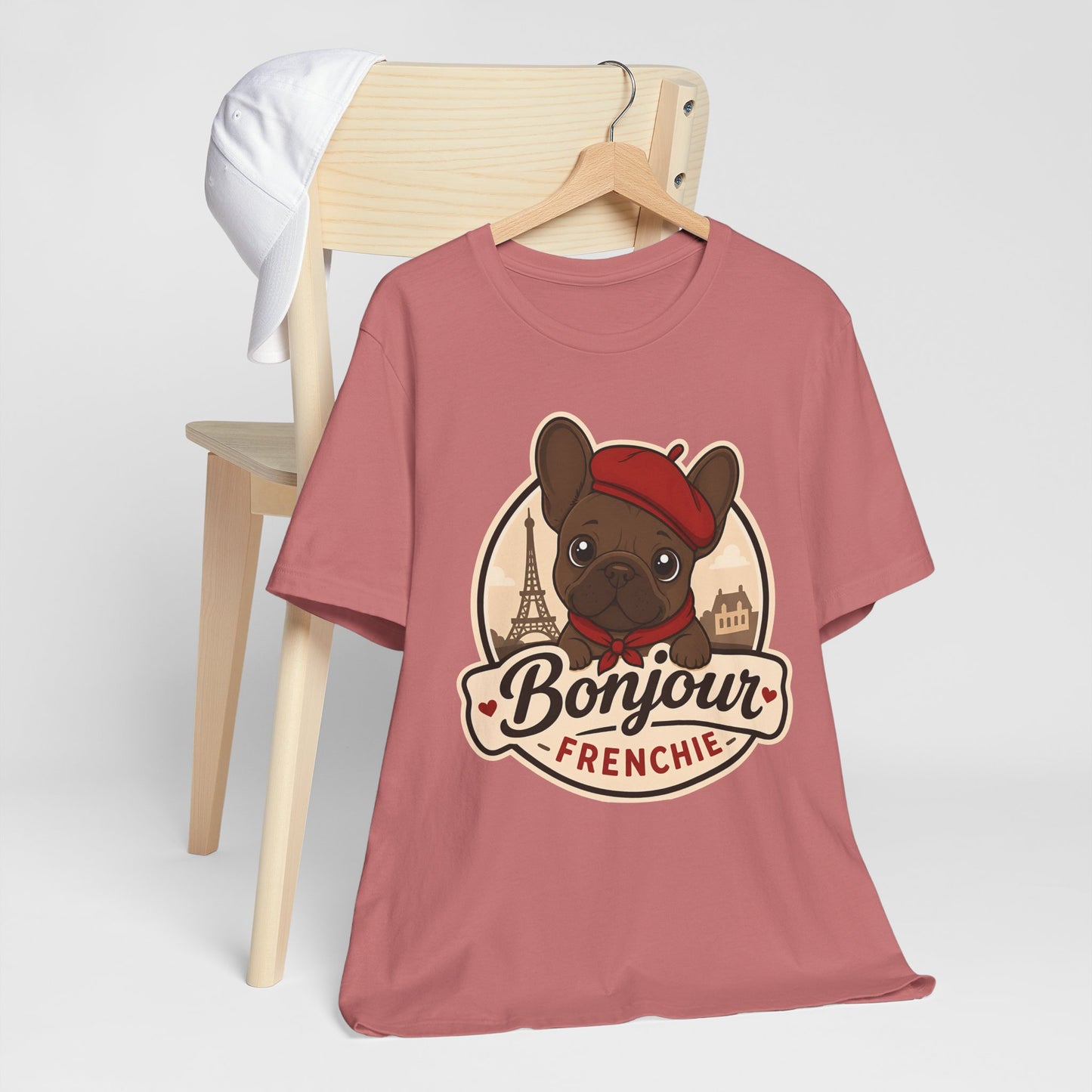 French Bulldog Shirt (Chocolate), Pup in a Paris Beret, Mom Dad Gift, Bonjour Frenchie