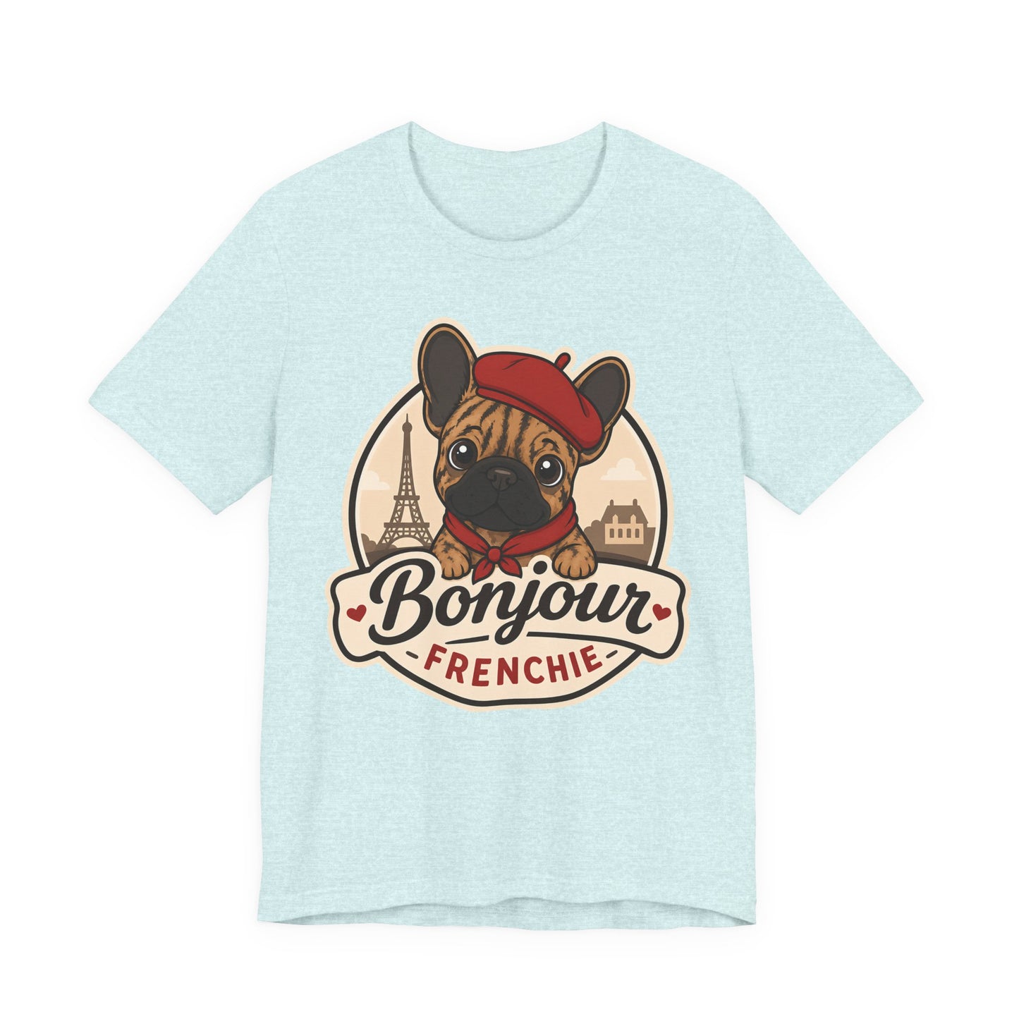 French Bulldog Shirt (Brindle), Pup in a Paris Beret, Mom Dad Gift, Bonjour Frenchie