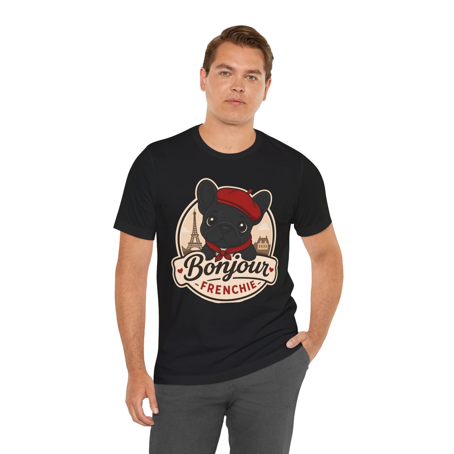 French Bulldog Shirt (Black), Pup in a Paris Beret, Mom Dad Gift, Bonjour Frenchie
