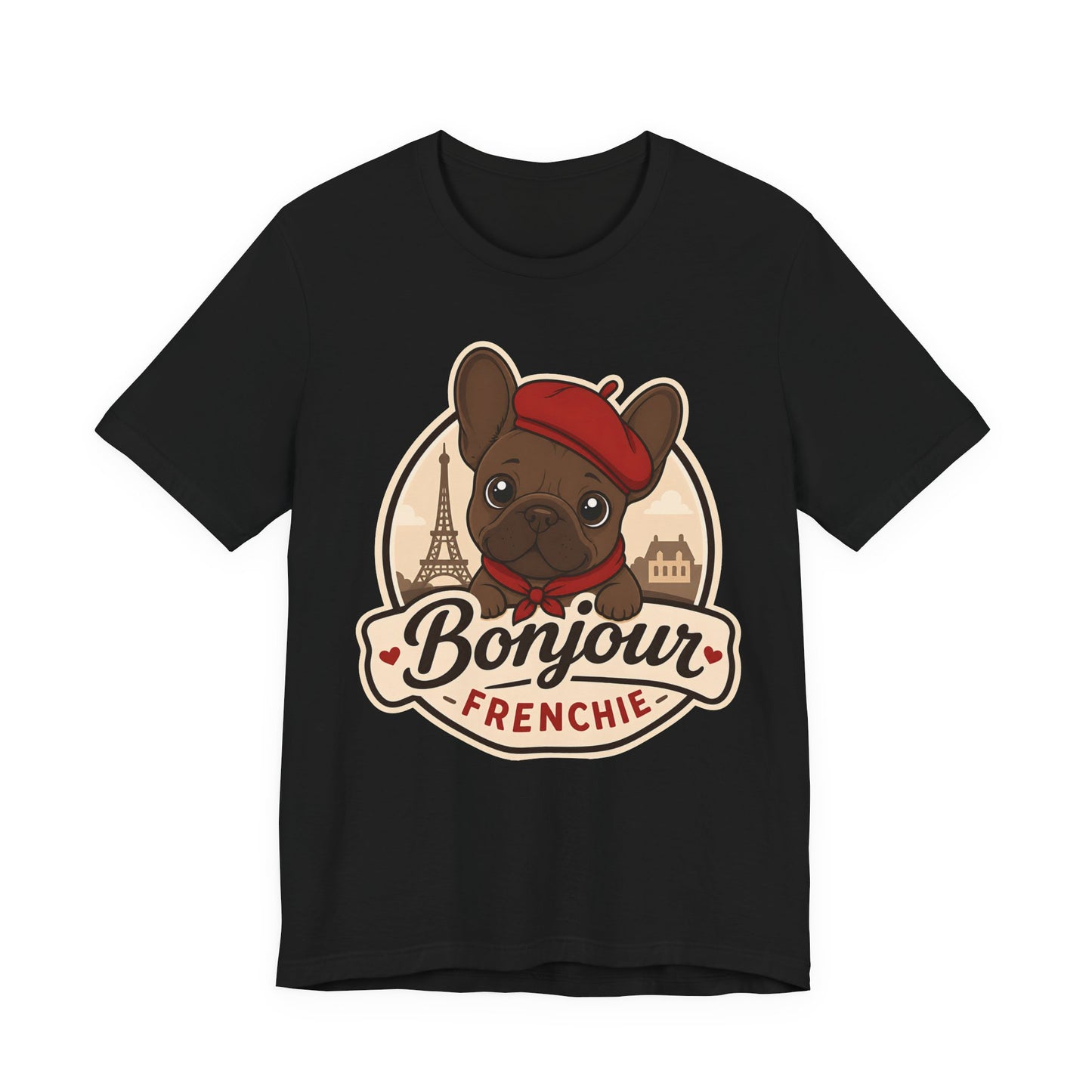 French Bulldog Shirt (Chocolate), Pup in a Paris Beret, Mom Dad Gift, Bonjour Frenchie