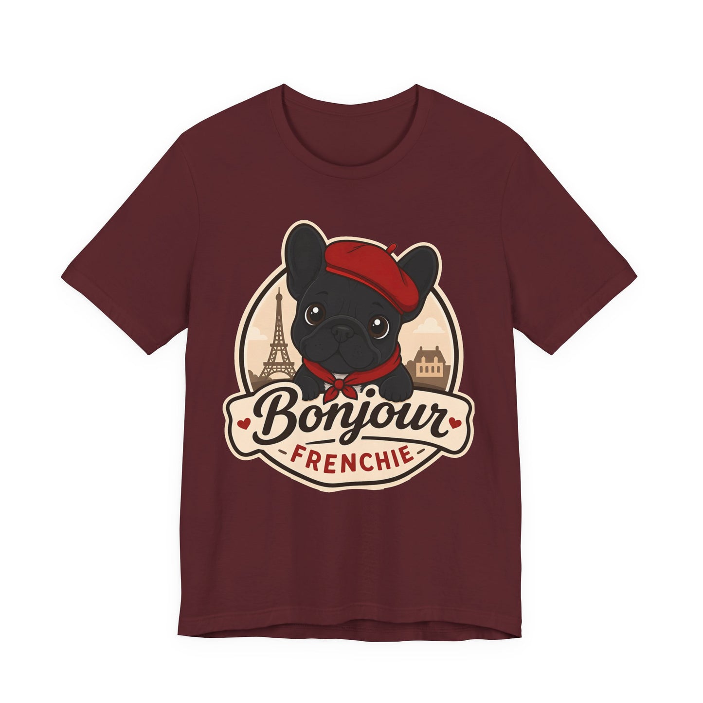 French Bulldog Shirt (Black), Pup in a Paris Beret, Mom Dad Gift, Bonjour Frenchie