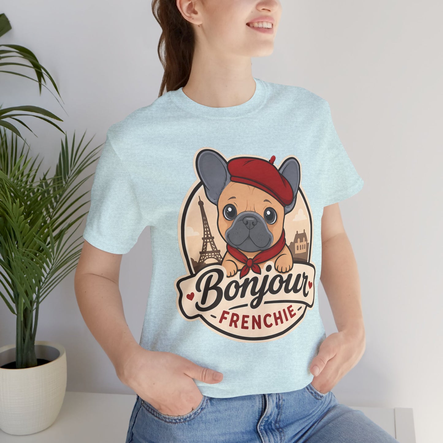 French Bulldog Shirt (Blue Fawn), Pup in a Paris Beret, Mom Dad Gift, Bonjour Frenchie