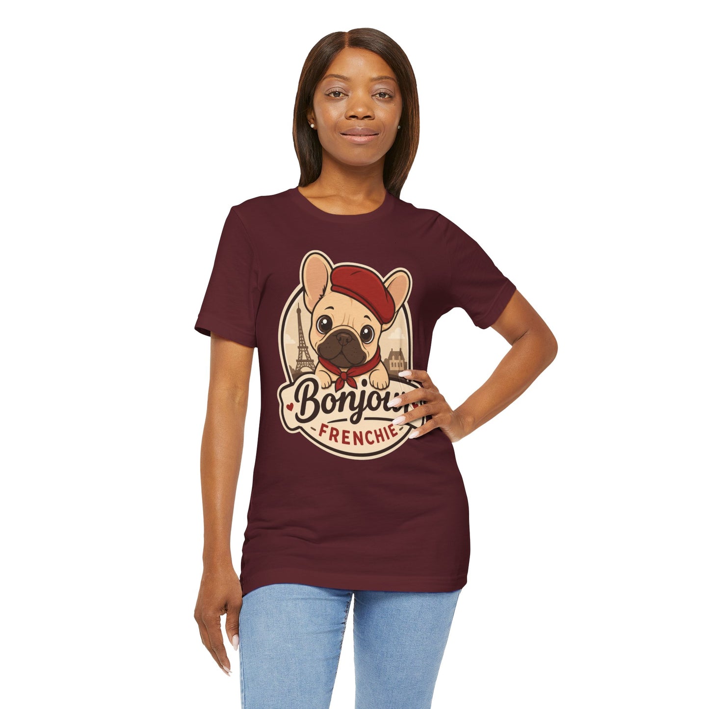 French Bulldog Shirt (Fawn), Pup in a Paris Beret, Mom Dad Gift, Bonjour Frenchie