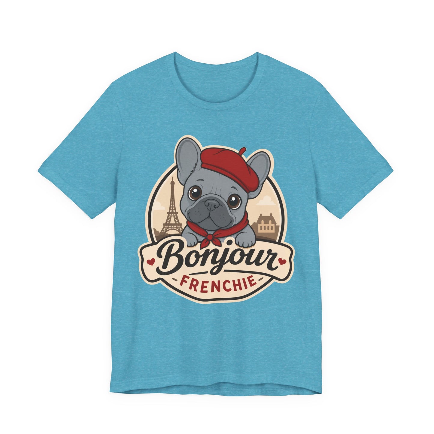 French Bulldog Shirt (Blue), Pup in a Paris Beret, Mom Dad Gift, Bonjour Frenchie