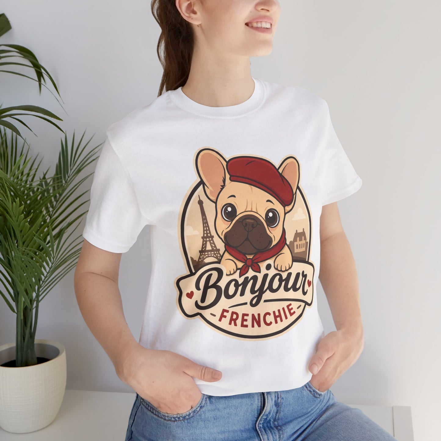 French Bulldog Shirt (Fawn), Pup in a Paris Beret, Mom Dad Gift, Bonjour Frenchie